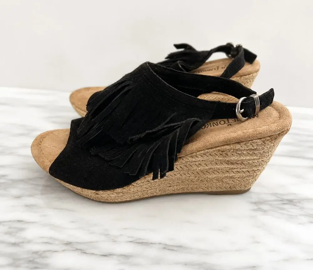 Minnetonka Ashley Fringe Espadrille Wedge Sandals Black Leather Sz 9